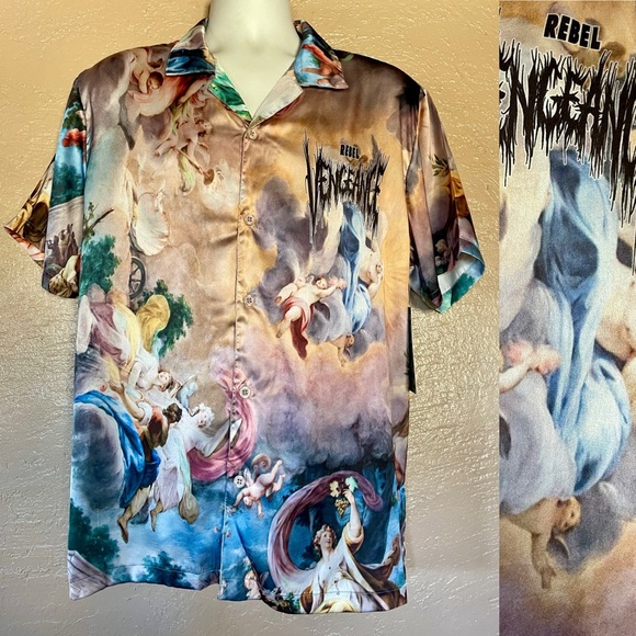 NWT REBEL VENGEANCE Wearable Art ITALIAN Boticelli and LOGO Print Satin SHIRT M - Picture 3 of 16